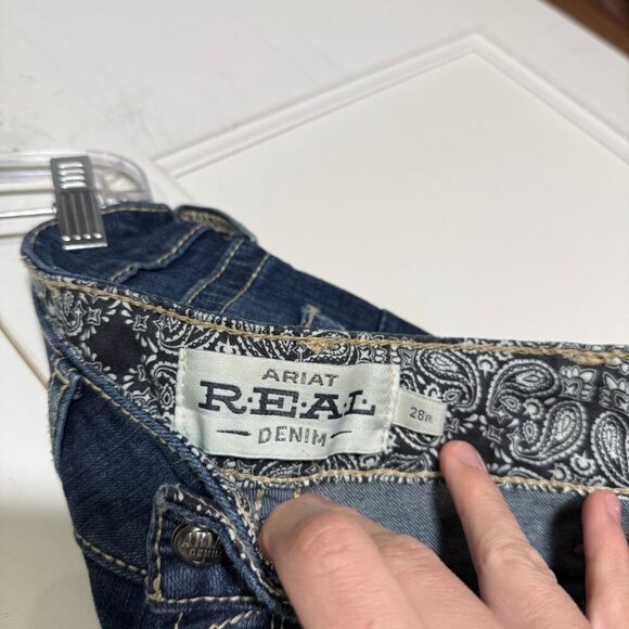Ariat REAL Bootcut Riding Jeans Whipstitch Dark Blue Low Rise Fray Hem Size 28 - Picture 10 of 14